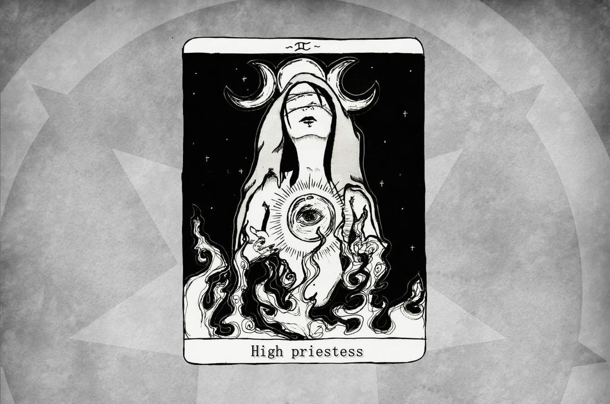 Line drawing of a High Priestess Tarot card. The image depicts a blindfolded woman rising from flames in front of the moon.