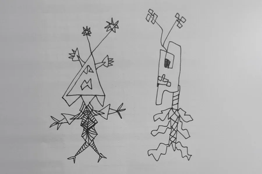 Self-drawn image of two abstract life forms.